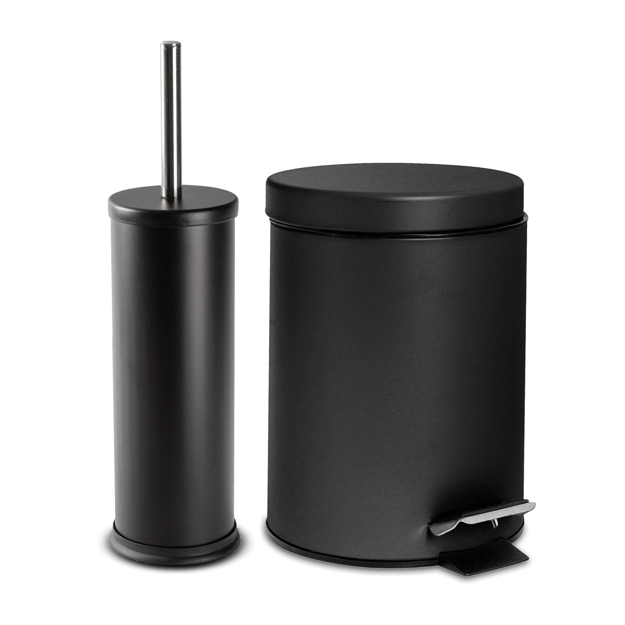 Matt Black Round Stainless Steel Toilet Brush &amp; Bin Set