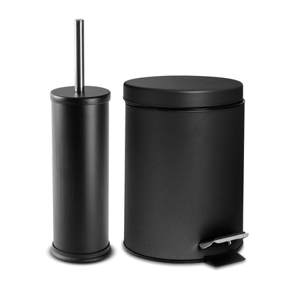 Matt Black Round Stainless Steel Toilet Brush &amp; Bin Set