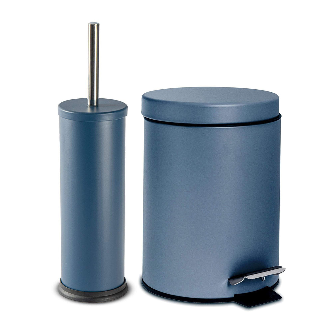 Matt Blue Round Stainless Steel Toilet Brush &amp; Bin Set