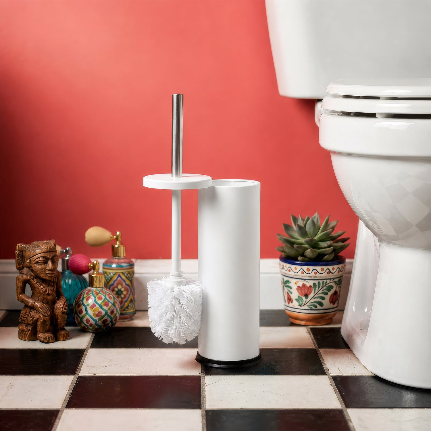 Matt White Round Stainless Steel Toilet Brush &amp; Holder