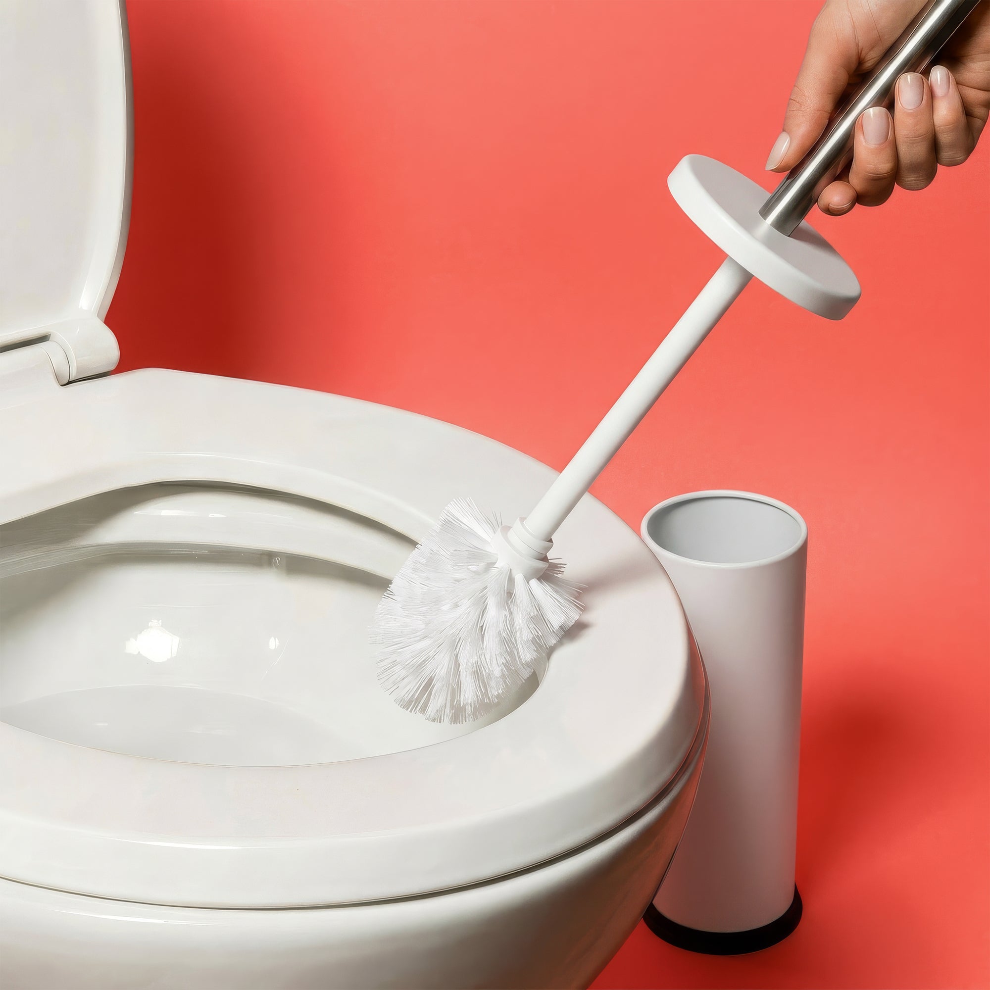 Matt White Round Stainless Steel Toilet Brush &amp; Bin Set