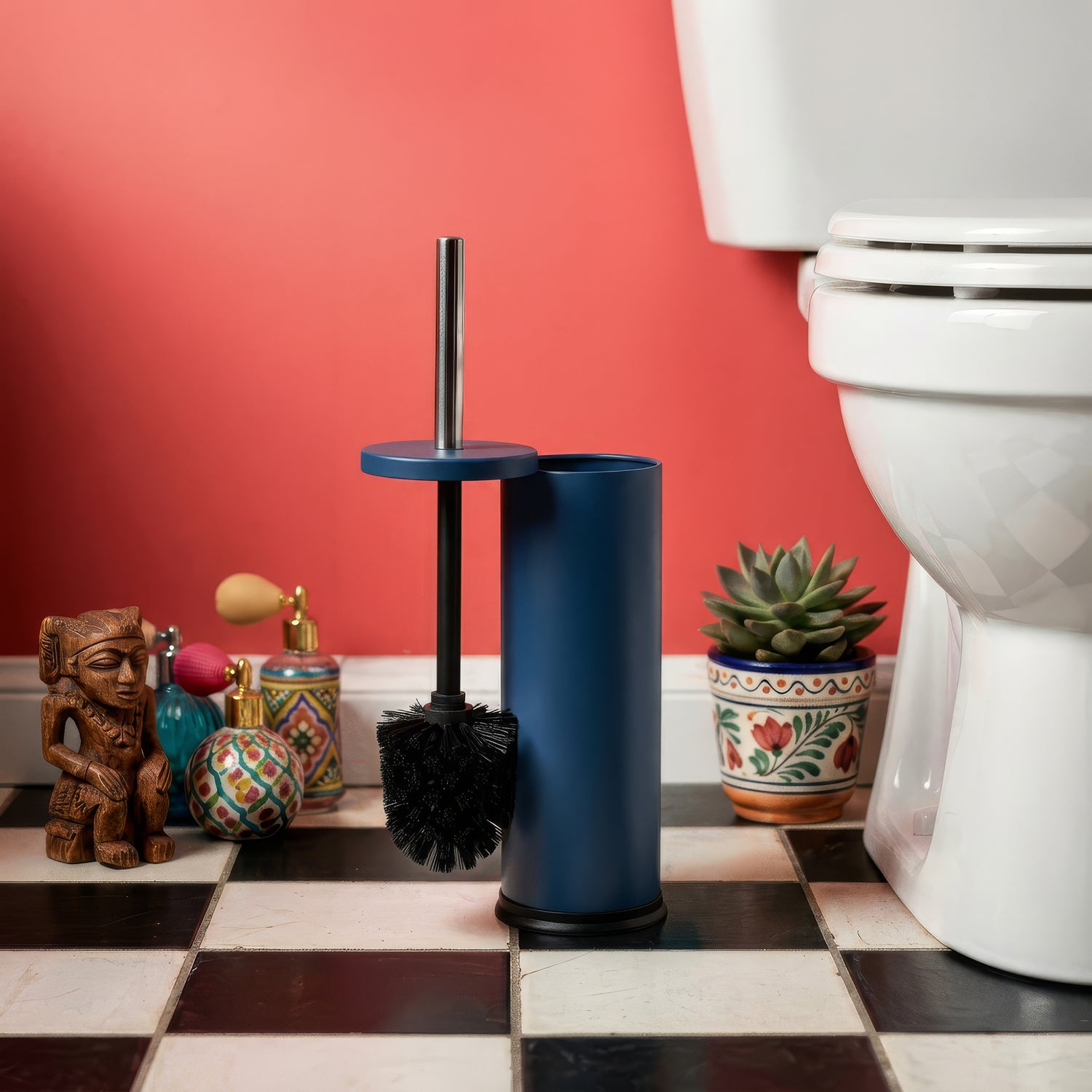Matt Blue Round Stainless Steel Toilet Brush &amp; Holder