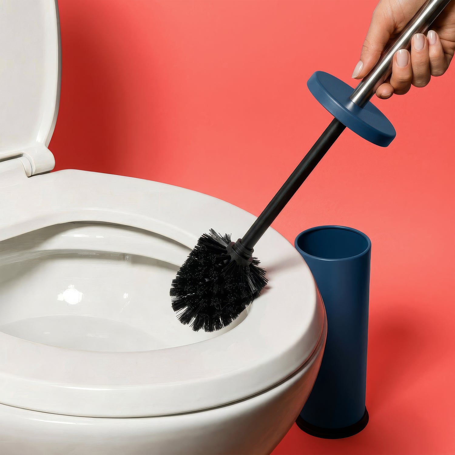 Matt Blue Round Stainless Steel Toilet Brush &amp; Holder