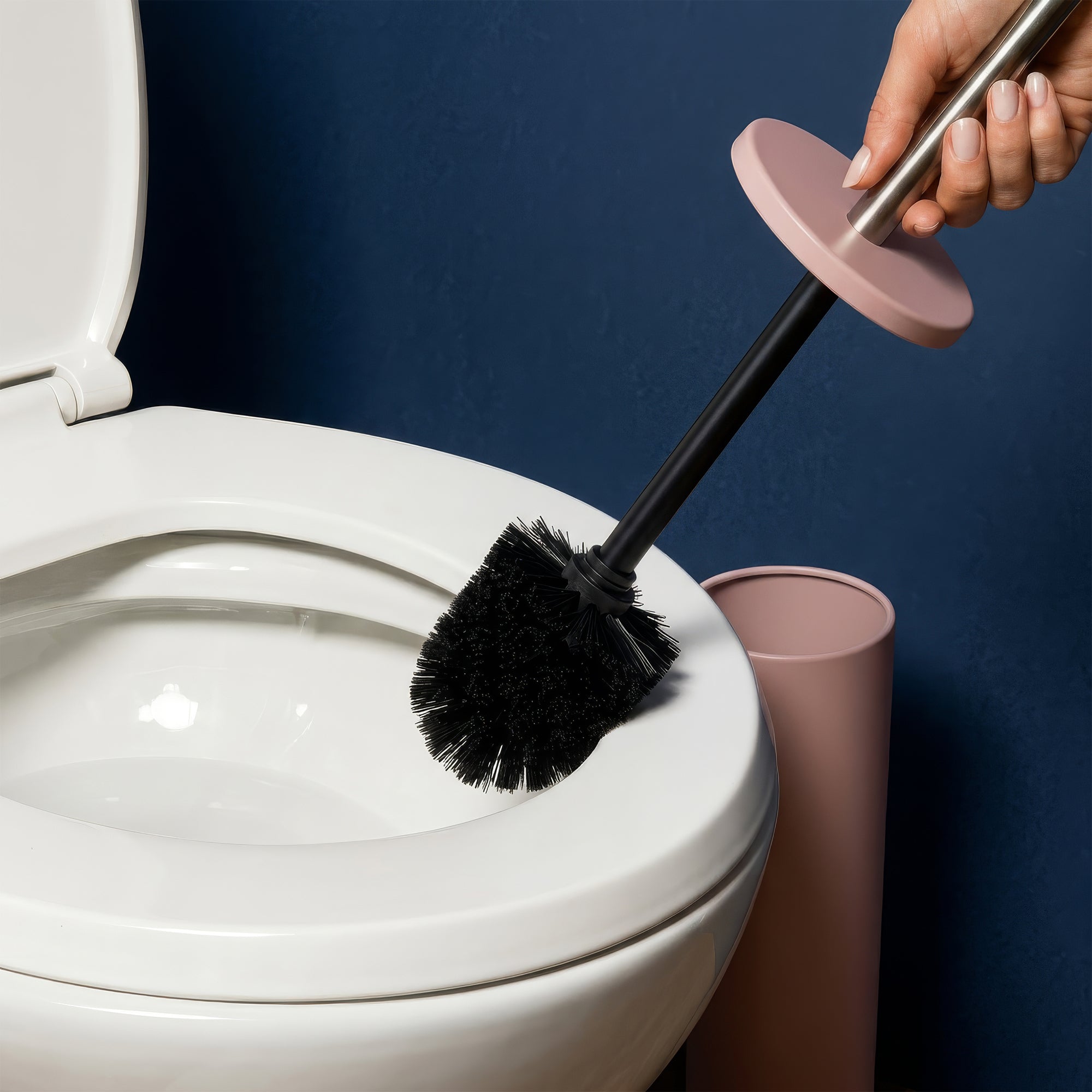 Matt Pink Round Stainless Steel Toilet Brush &amp; Bin Set