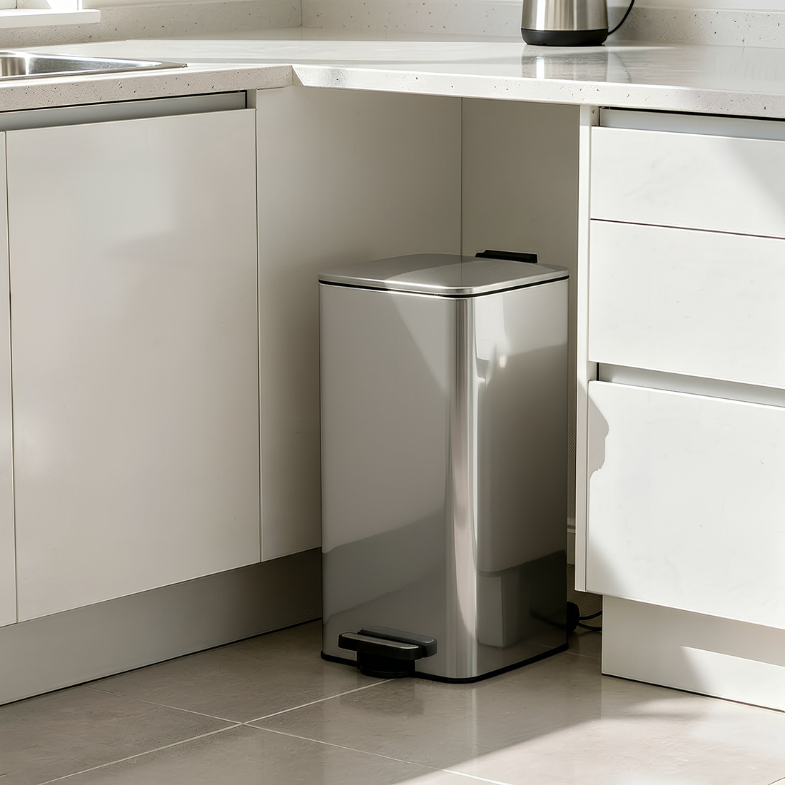 30L Square Chrome Stainless Steel Kitchen Pedal Bin