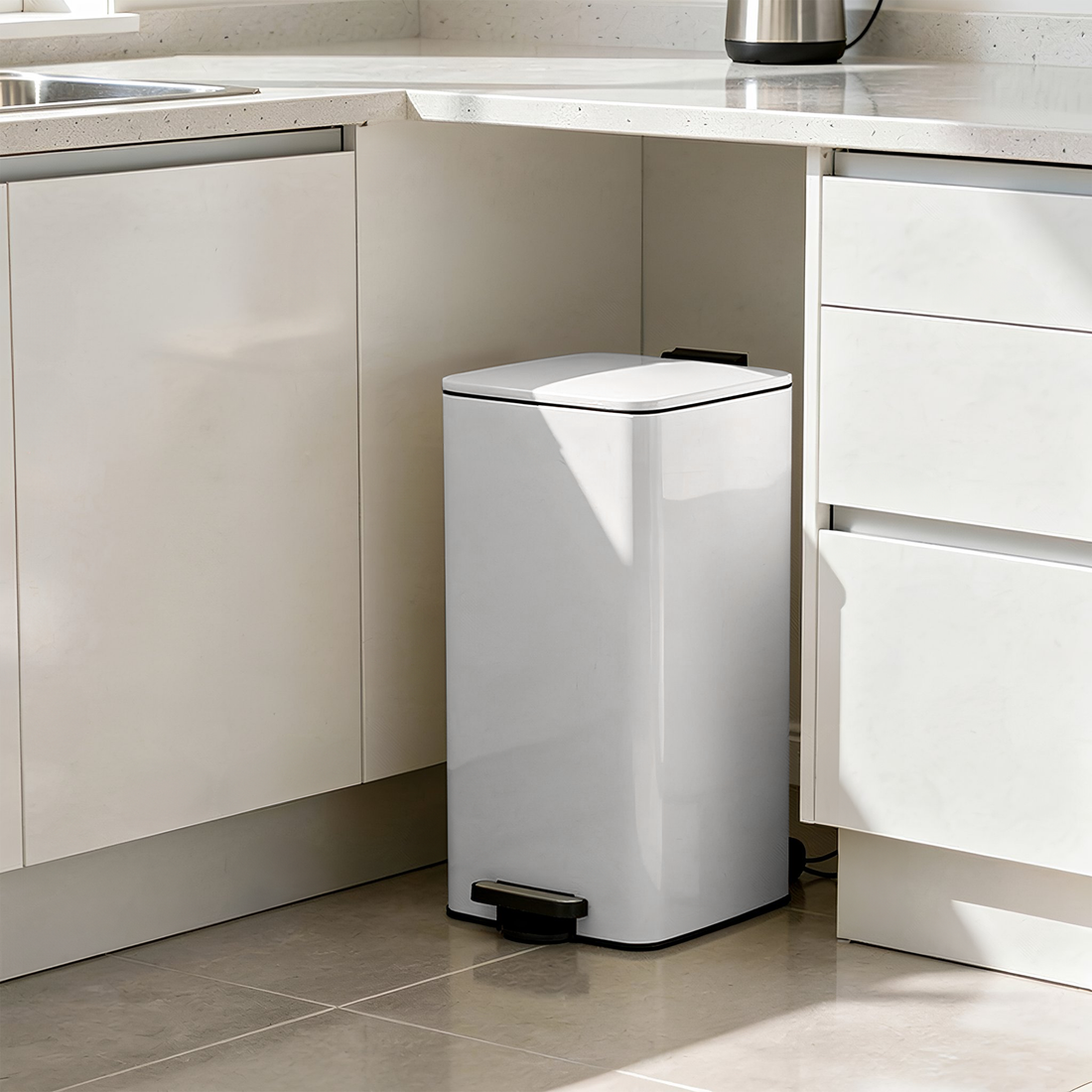 30L Square White Stainless Steel Kitchen Pedal Bin
