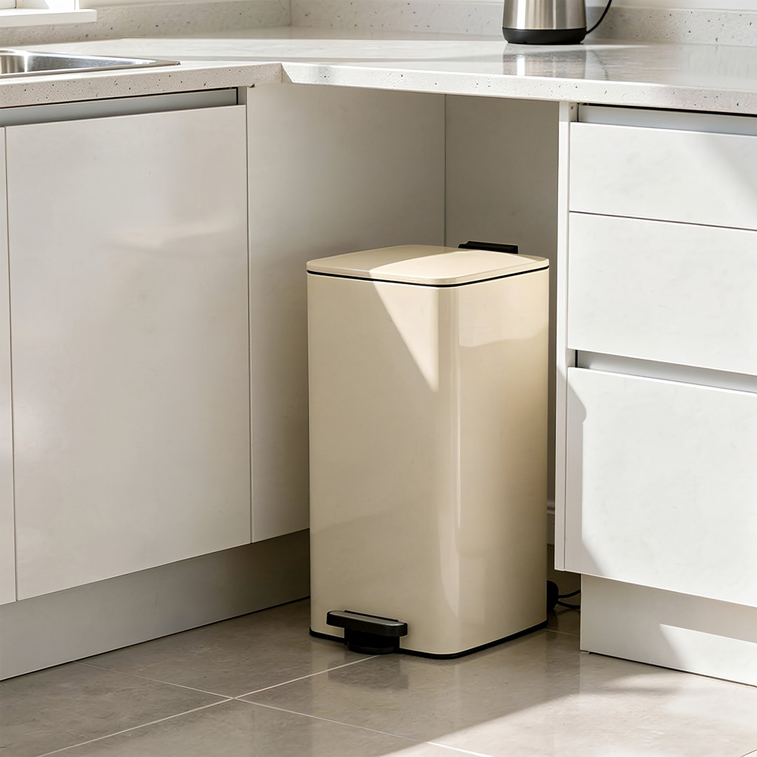 30L Square Beige Stainless Steel Kitchen Pedal Bin