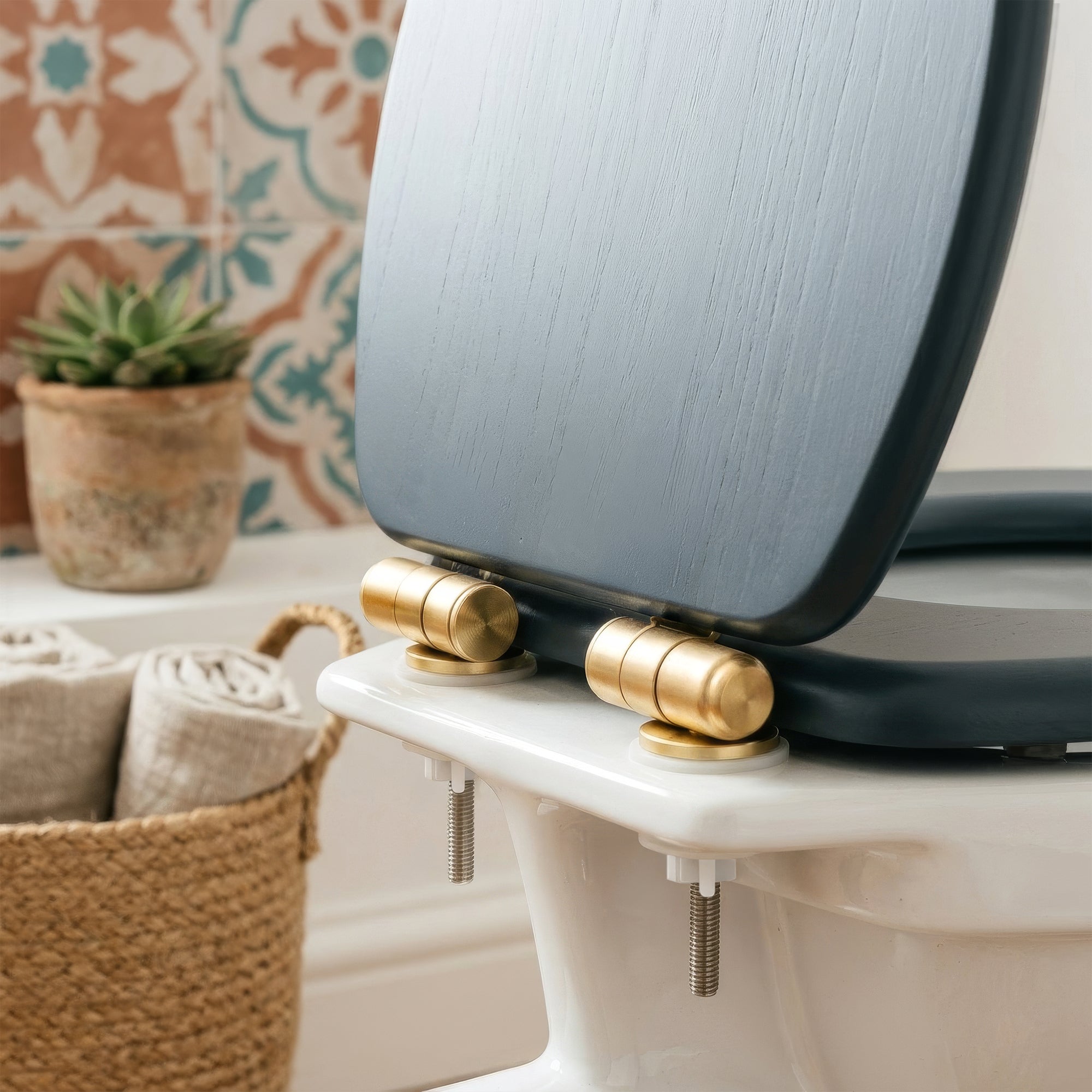 Wooden Soft Close Toilet Seat - Blue/Gold