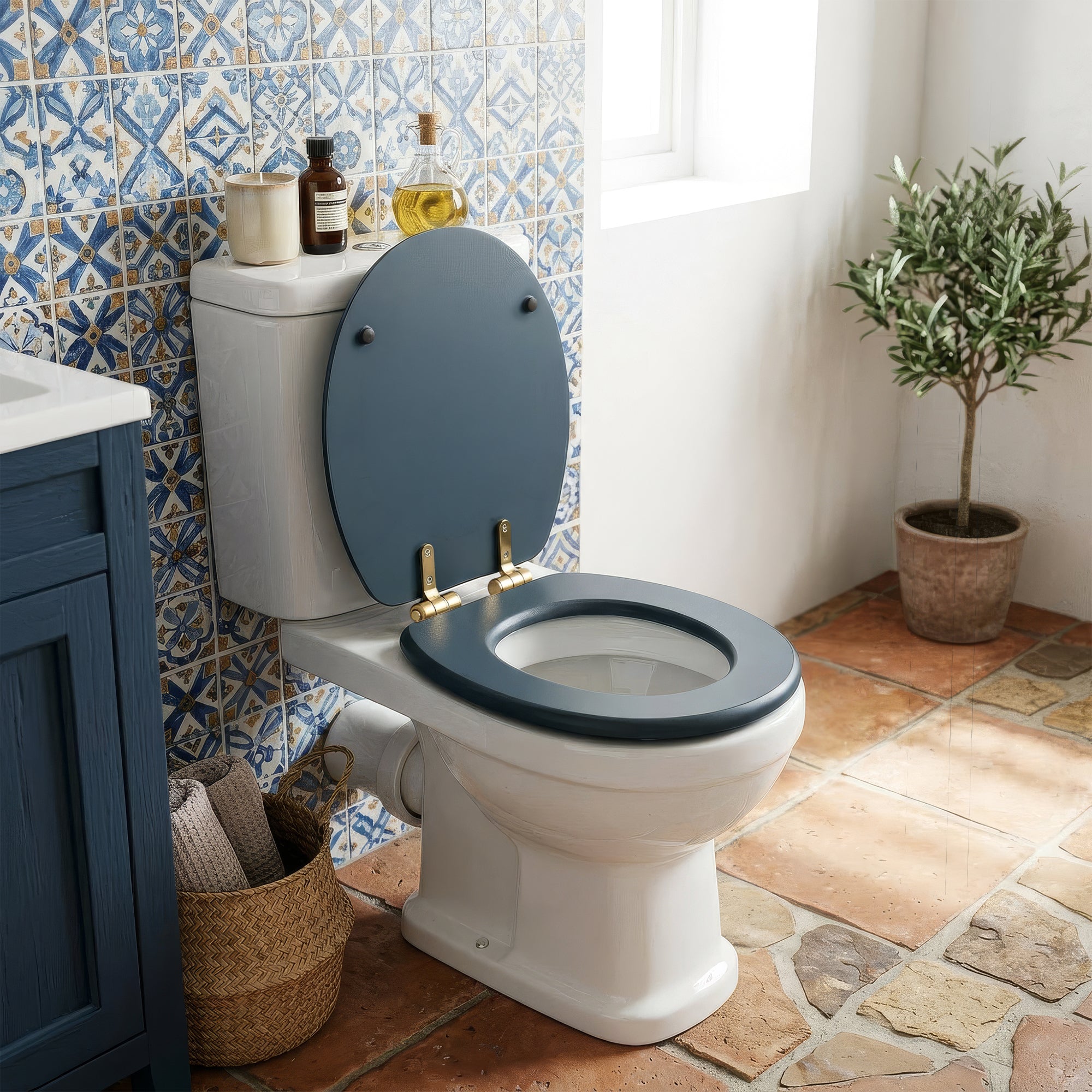 Wooden Soft Close Toilet Seat - Blue/Gold