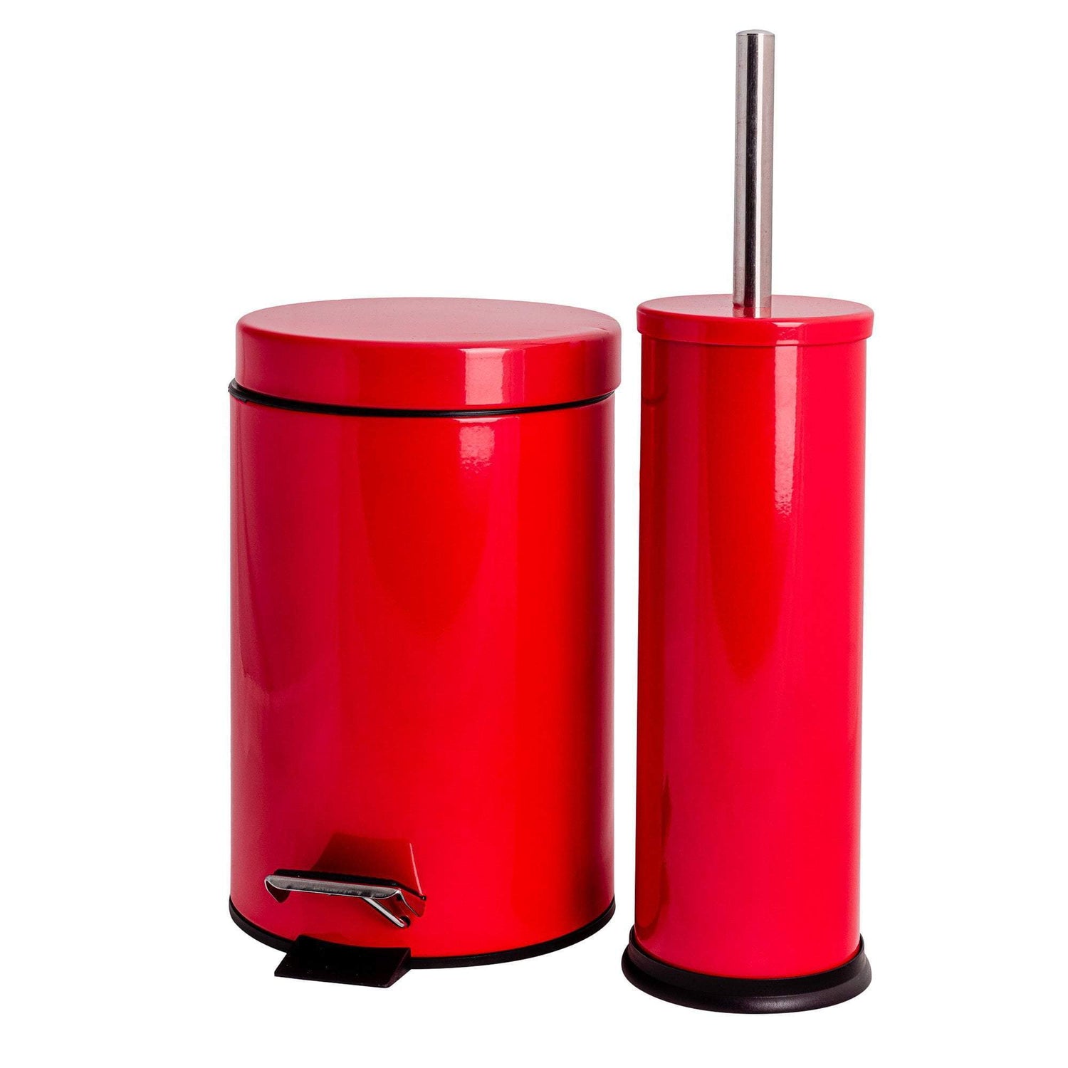 Red Round Stainless Steel Toilet Brush &amp; Bin Set
