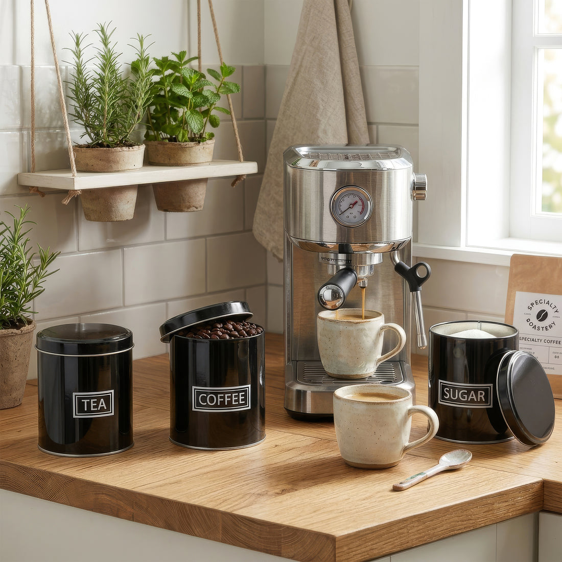3pc Round Metal Tea Coffee Sugar Black Canister Set