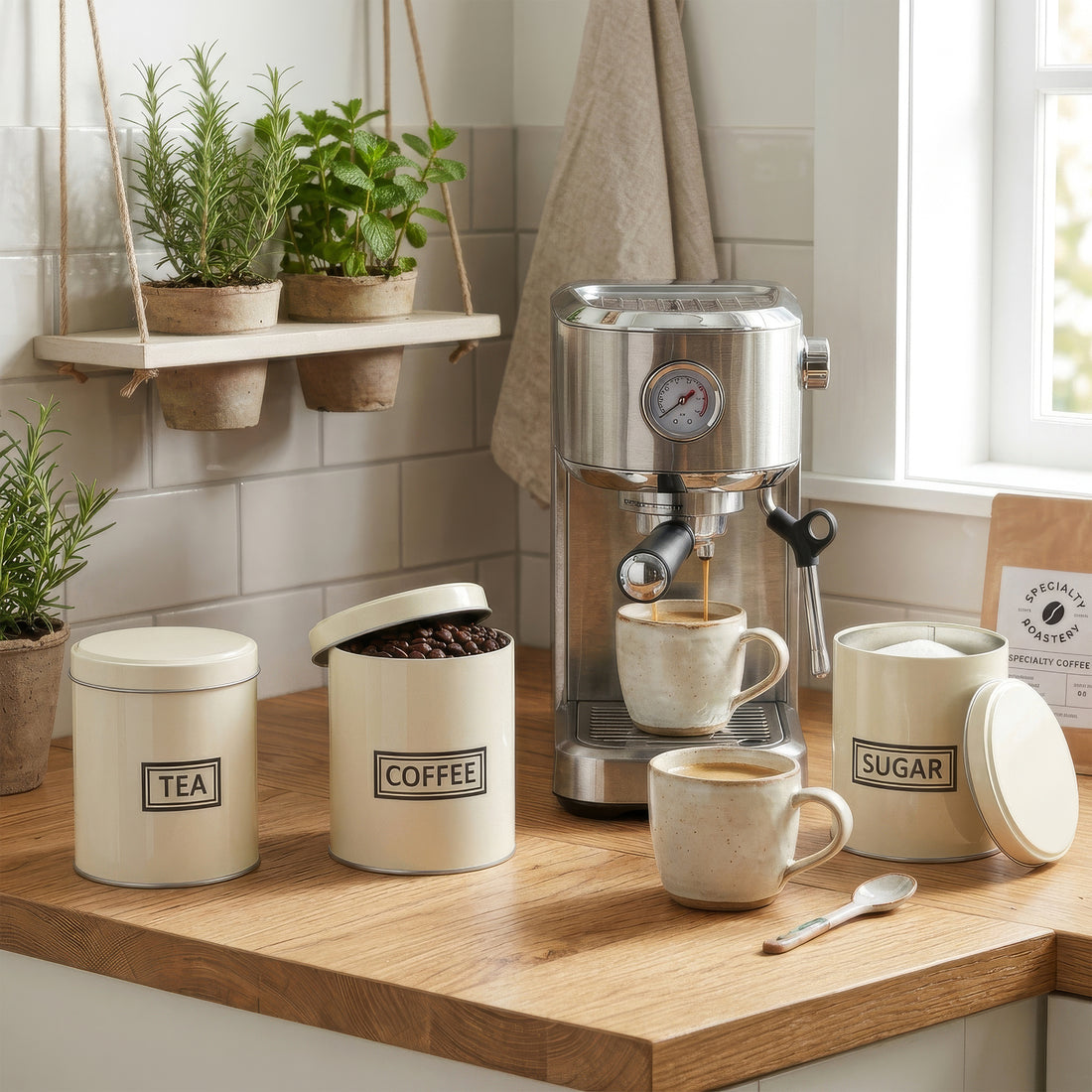 3pc Round Metal Tea Coffee Sugar Cream Canister Set