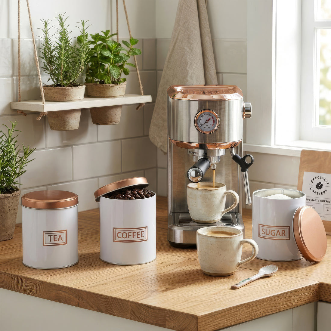 3pc Round Metal Tea Coffee Sugar White &amp; Copper Canister Set