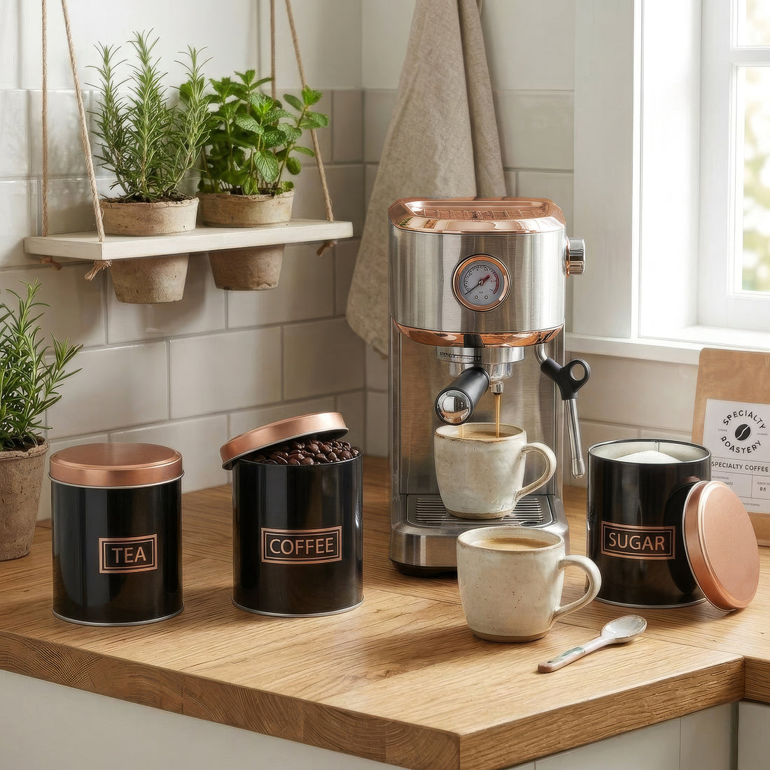 3pc Round Metal Tea Coffee Sugar Black &amp; Copper Canister Set