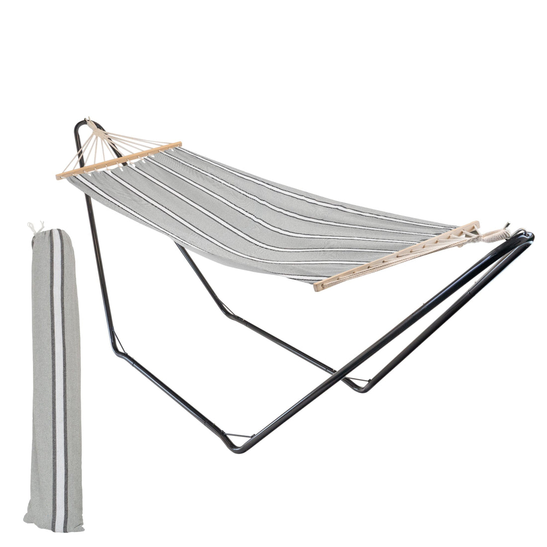 200cm x 80cm Deluxe Grey Striped Cotton Garden Hammock with Metal Stand