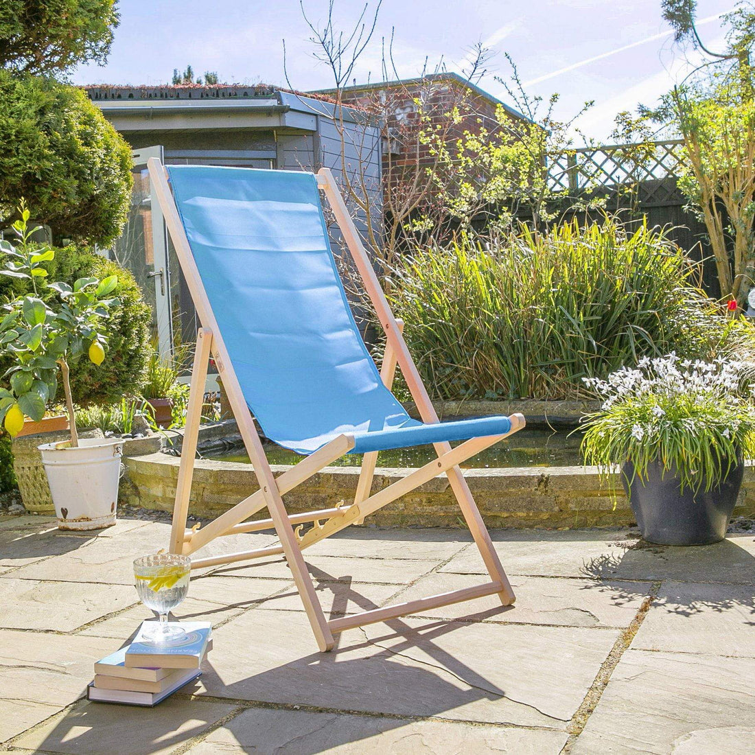Light Blue Folding Wooden Deck Chair