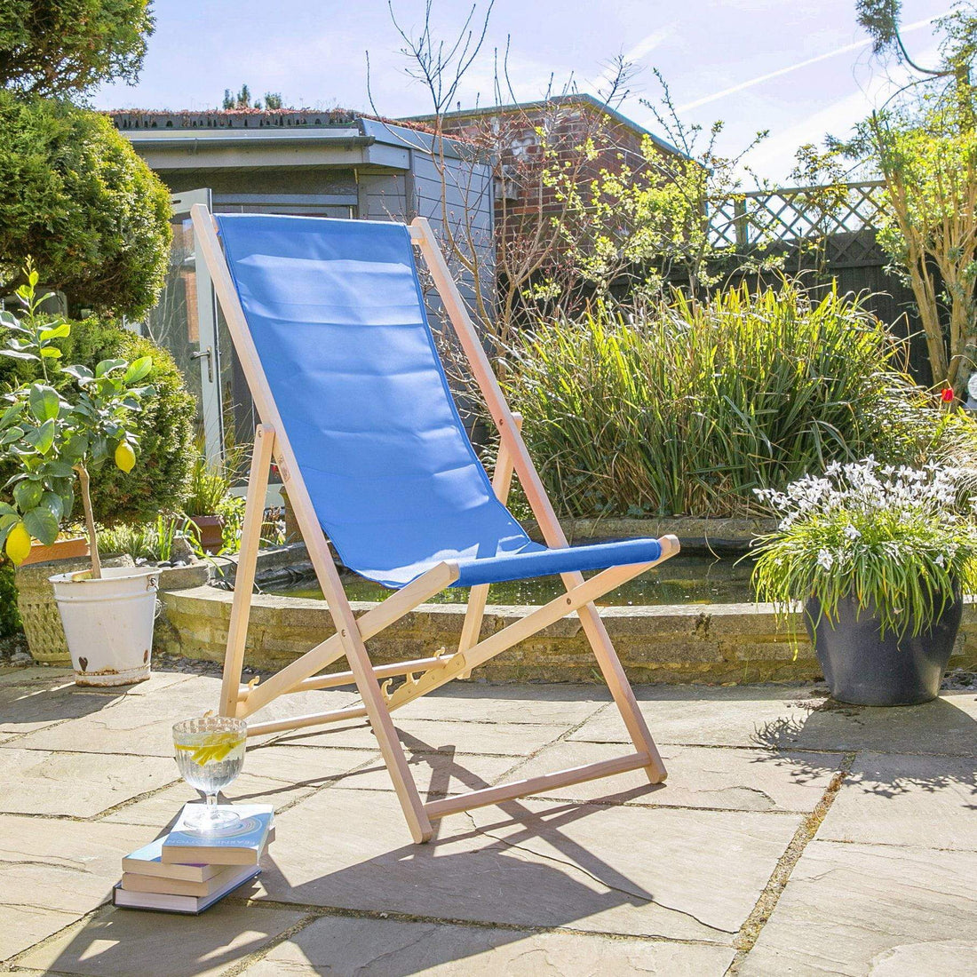 Royal Blue Folding Wooden Deck Chair