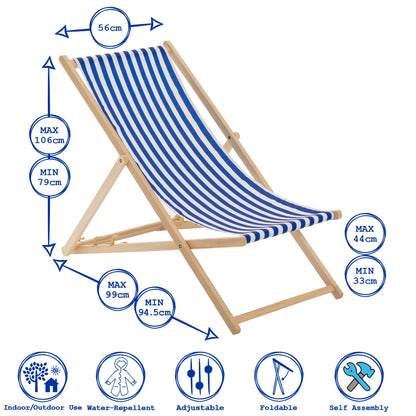 Blue Stripe Folding Wooden Deck Chair