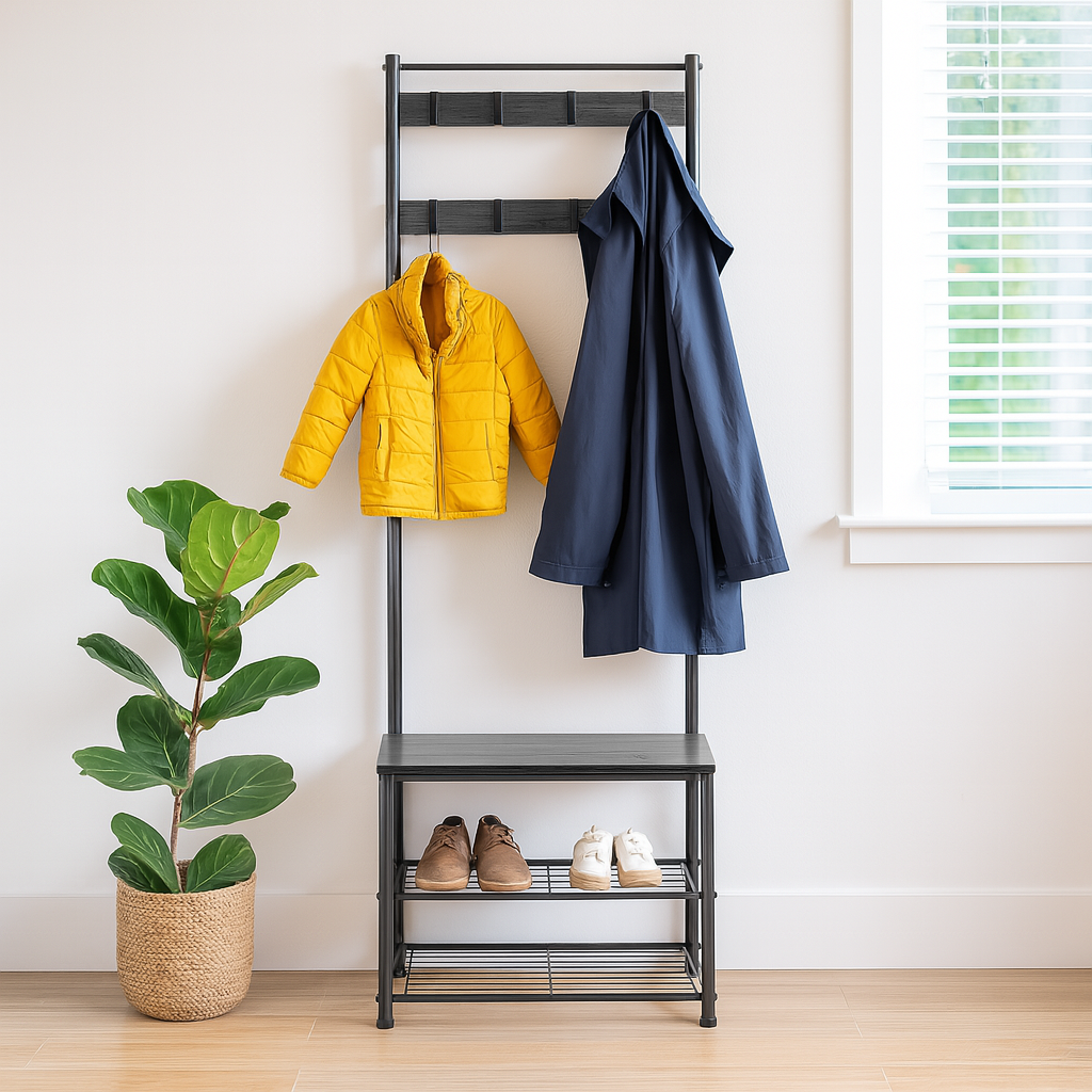 Black Square Steel Coat Rack with Shoe Storage Bench