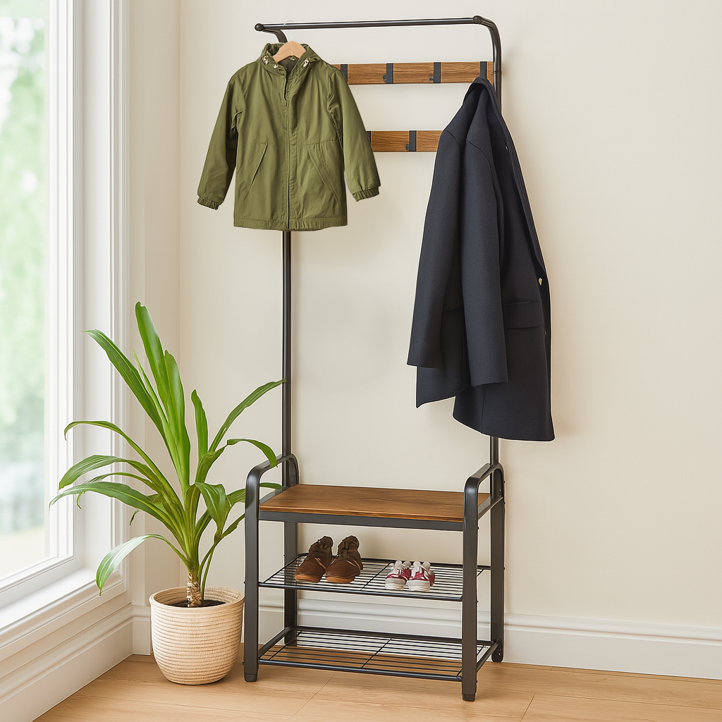 Curved Steel Coat Rack with Shoe Storage Bench By Harbour