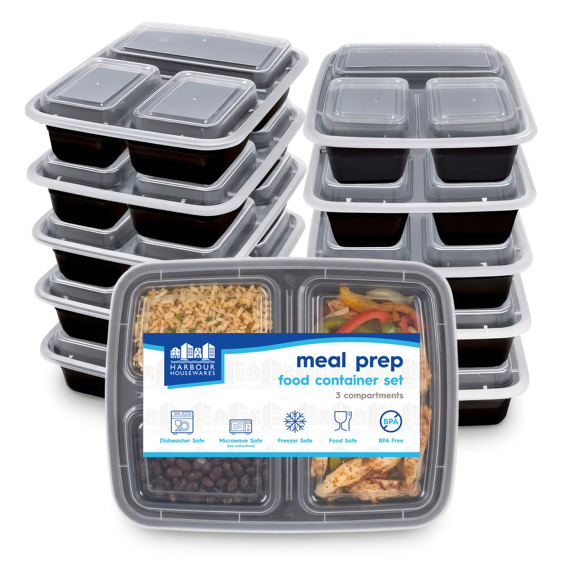 Reusable Meal Prep Containers - 3 Compartments (975ml) - Pack of 10