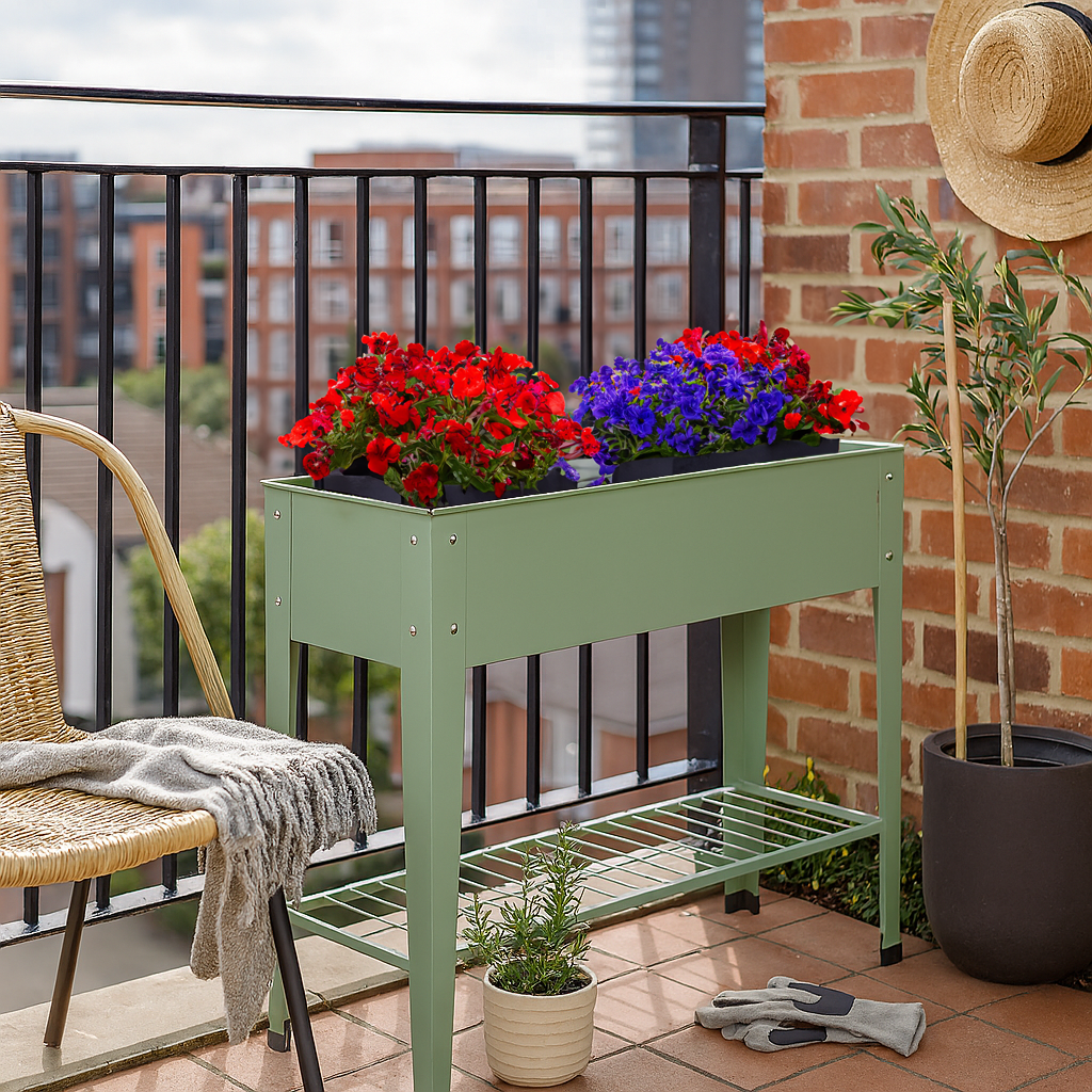 Green Elevated Steel Raised Garden Bed with Legs &amp; Storage Shelf