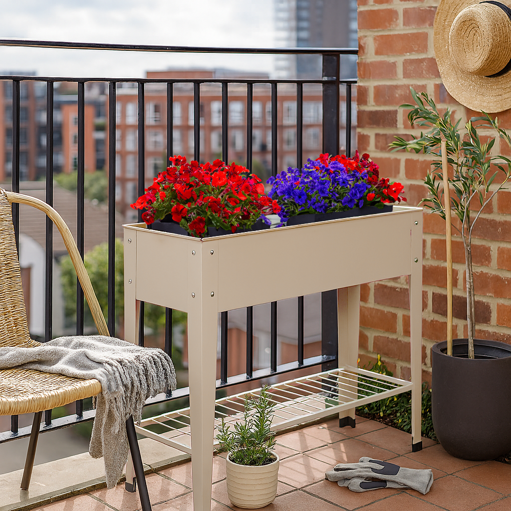 Ivory Elevated Steel Raised Garden Bed with Legs &amp; Storage Shelf