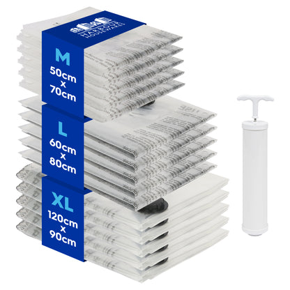 Vacuum Storage Bags with Hand Pump - 3 Sizes - White - Pack of 15