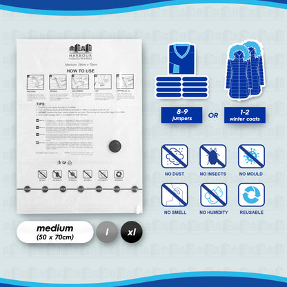 Vacuum Storage Bags with Hand Pump - Medium (50 x 70cm) - White - Pack of 5