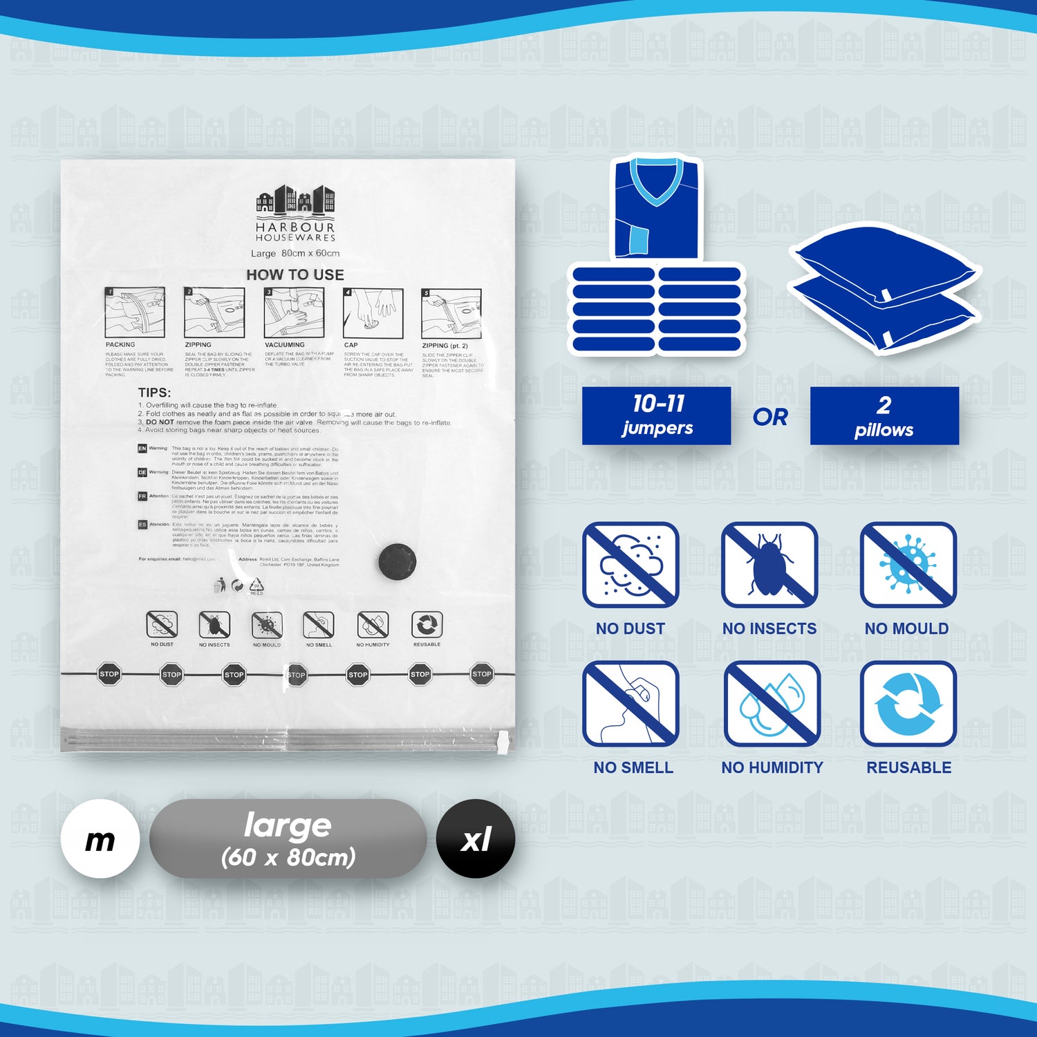 Vacuum Storage Bags with Hand Pump - Large (60 x 80cm) - Grey - Pack of 5