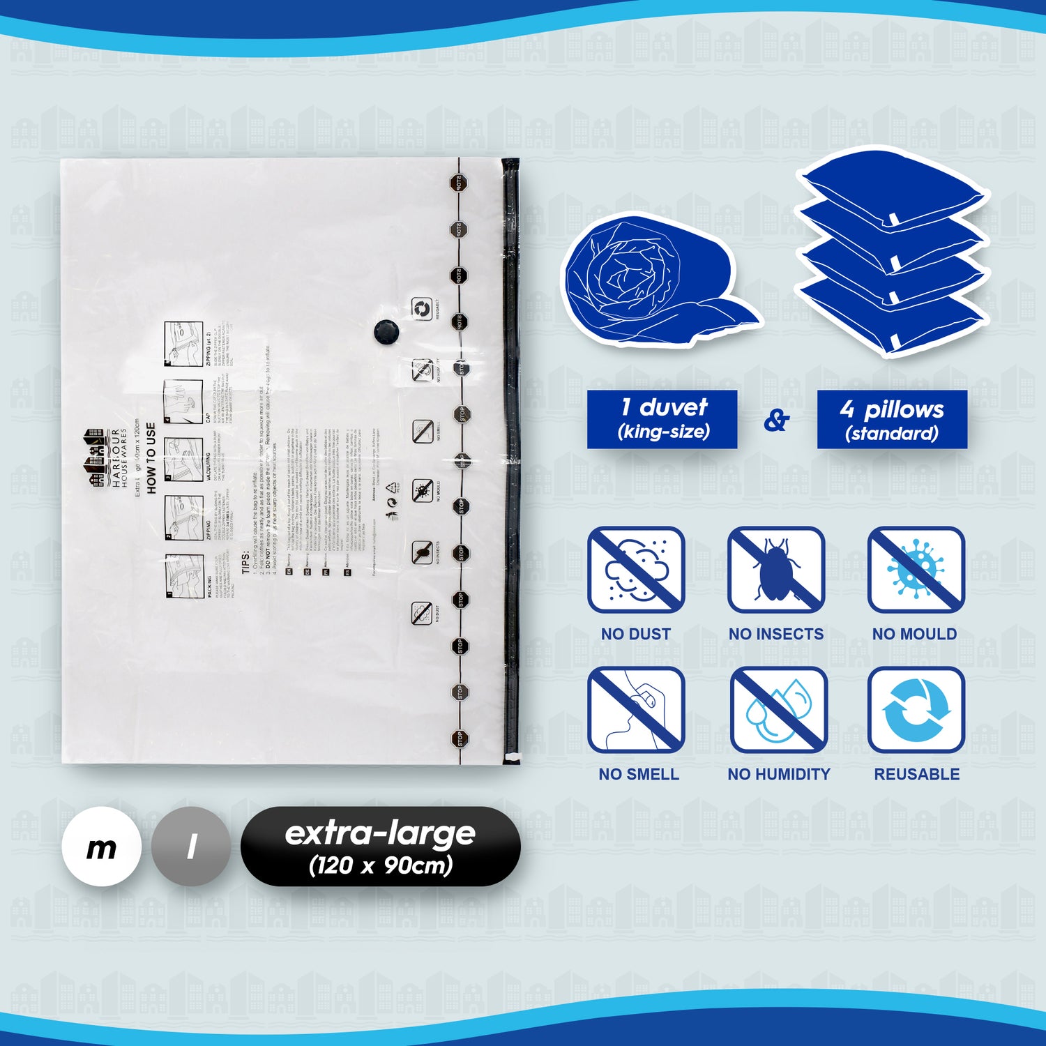 Vacuum Storage Bags with Hand Pump - Extra-Large (90 x 120cm) - Black - Pack of 5