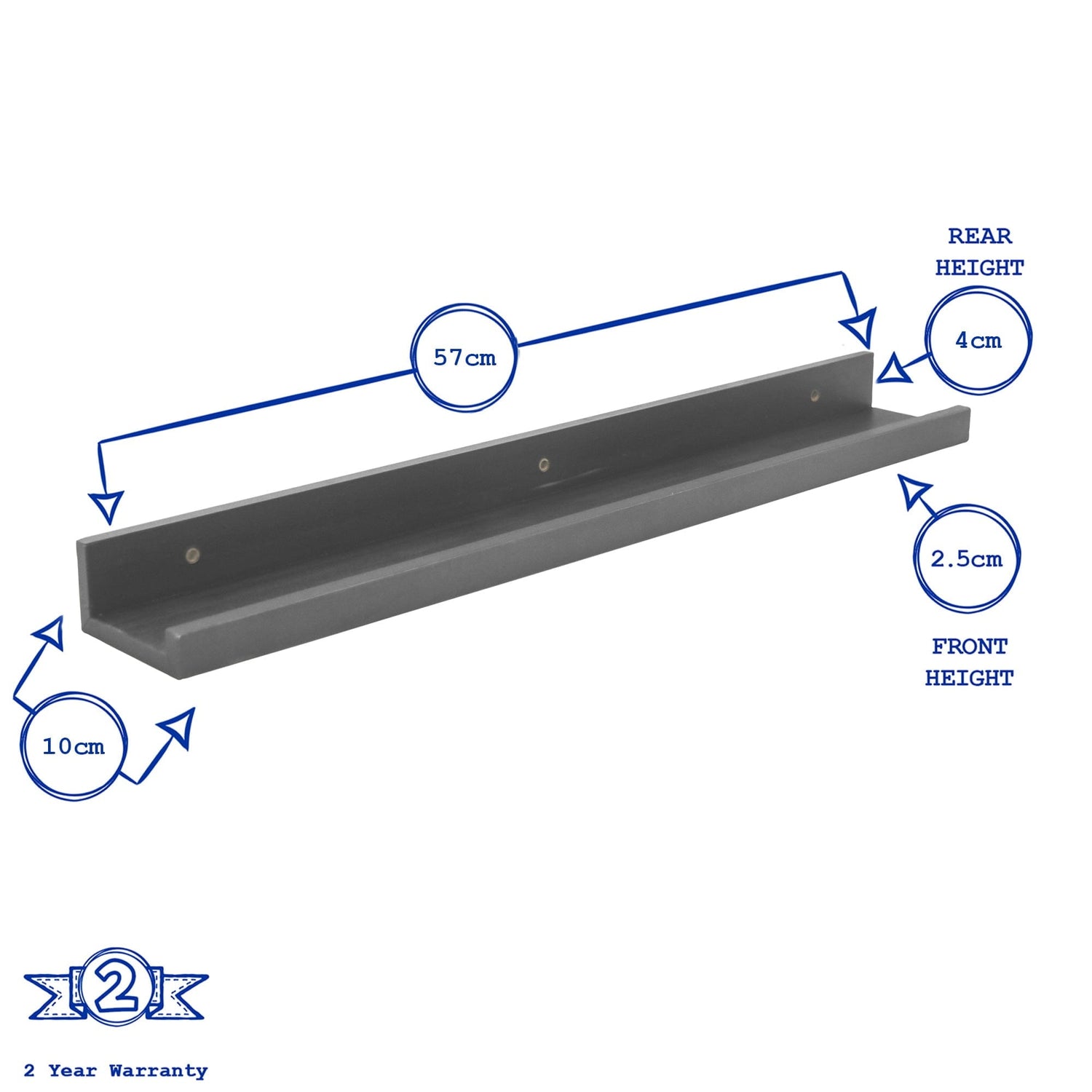 57cm Grey Floating Picture Ledge Shelves - Pack of Two