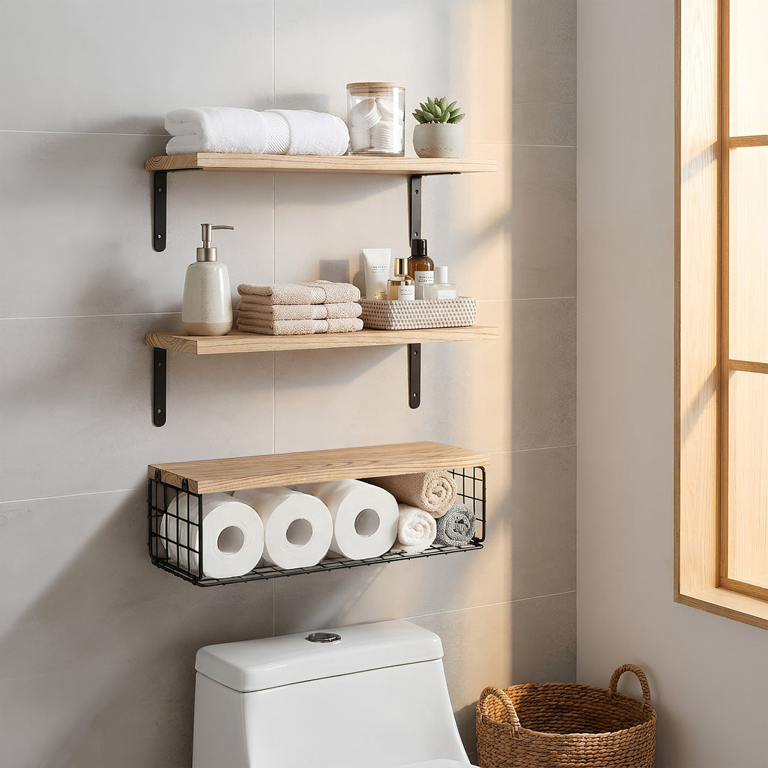 Set of 3 Rustic Wooden Bathroom Shelves with Wire Storage Basket