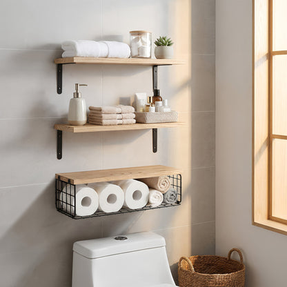 Set of 3 Rustic Wooden Bathroom Shelves with Wire Storage Basket