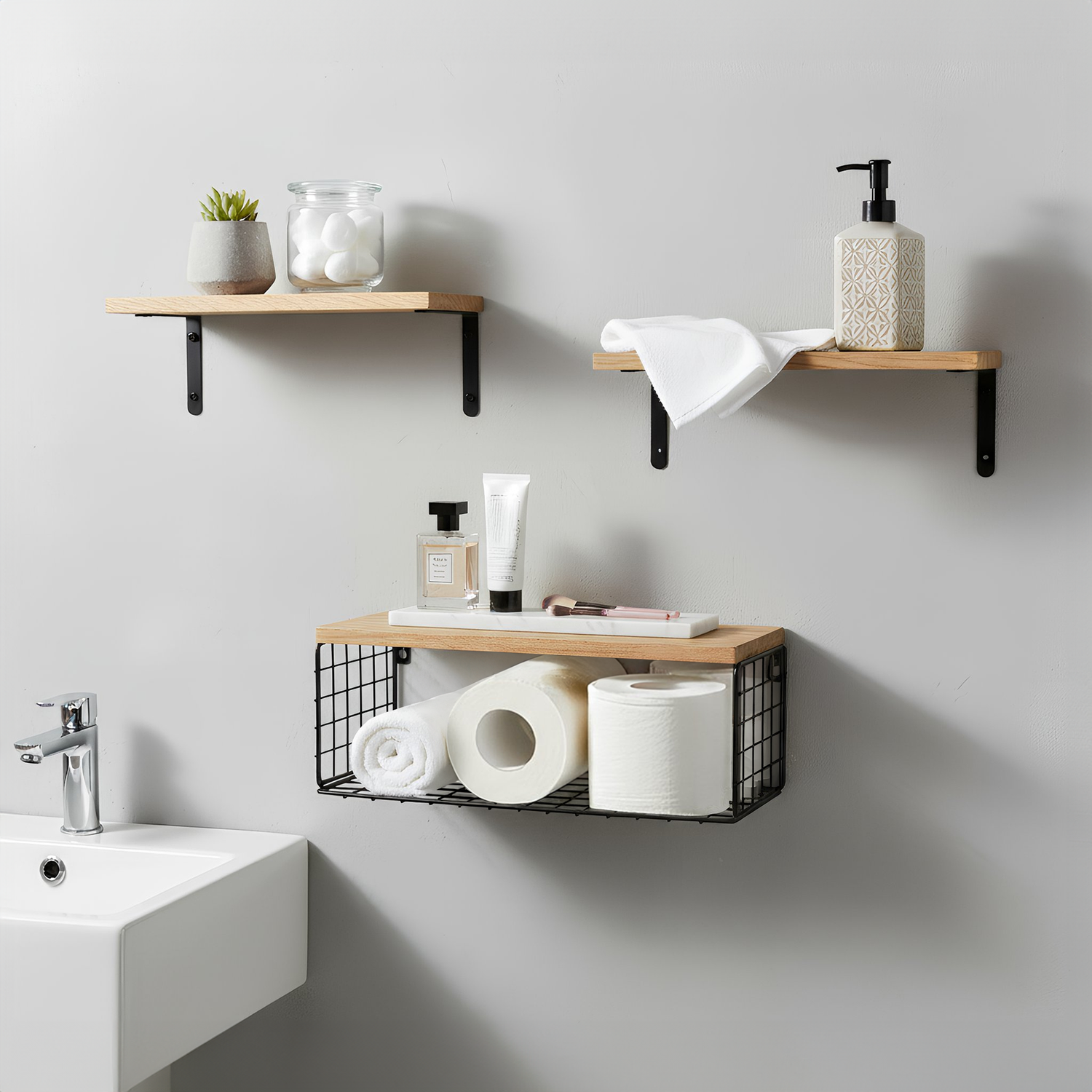 Set of 3 Rustic Wooden Bathroom Shelves with Wire Storage Basket