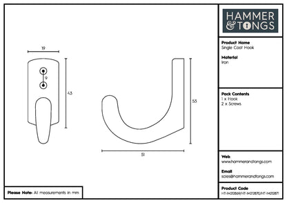 20mm x 55mm Black Single Coat Hook