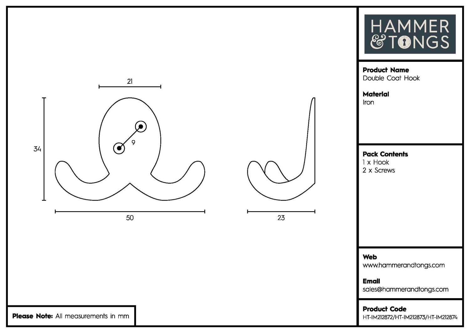50mm x 35mm Black Double Coat Hook