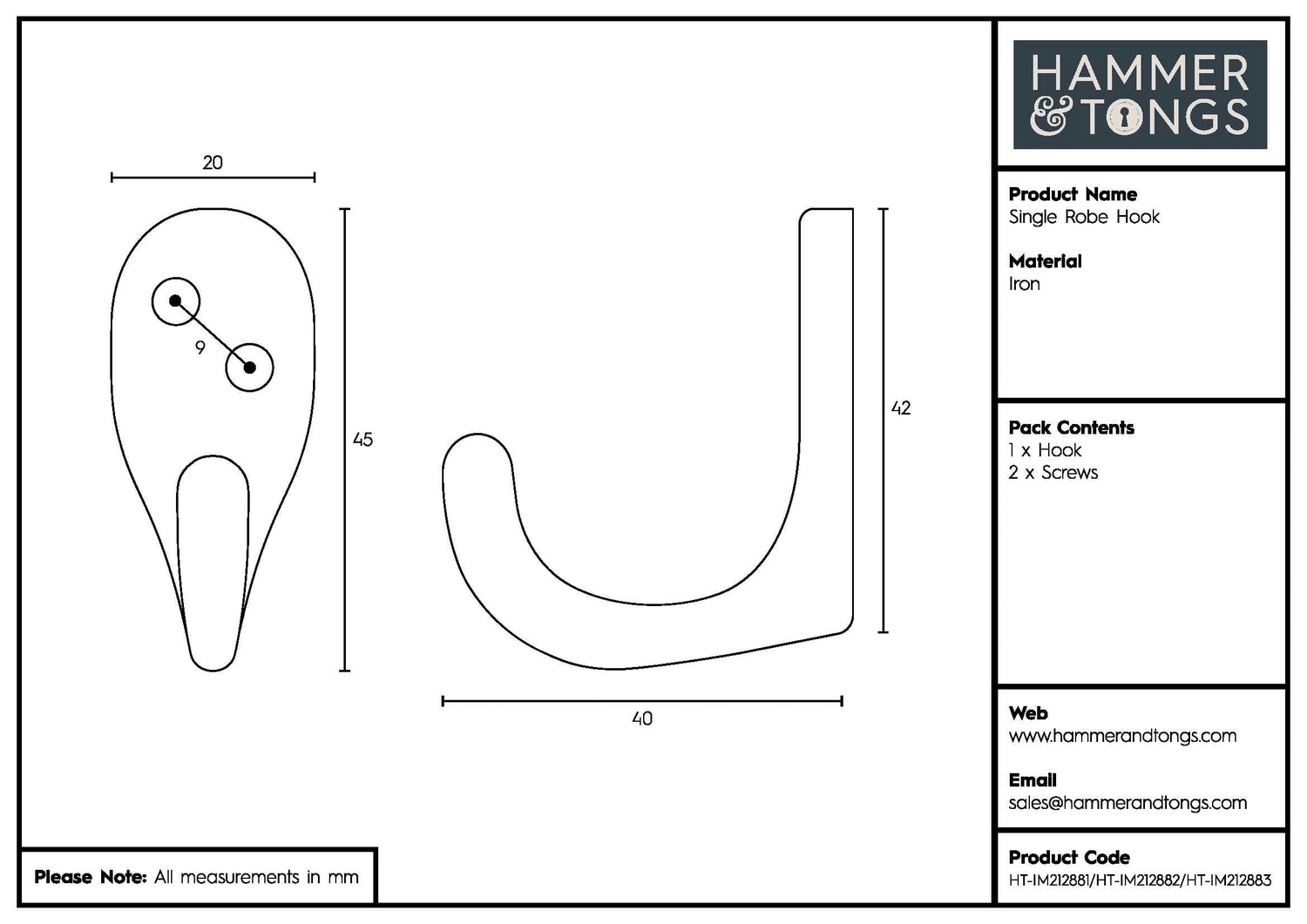 20mm x 45mm Brass Single Robe Hook