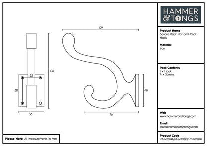 35mm x 105mm Raw Square Back Hat &amp; Coat Hook