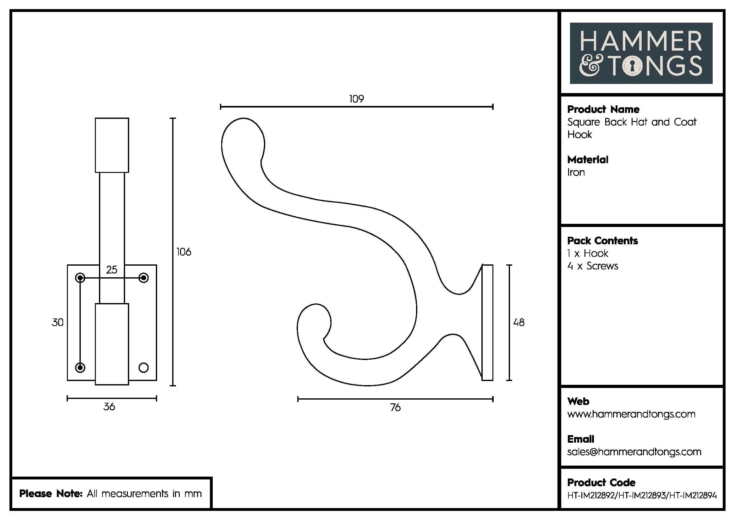 35mm x 105mm Black Square Back Hat &amp; Coat Hook