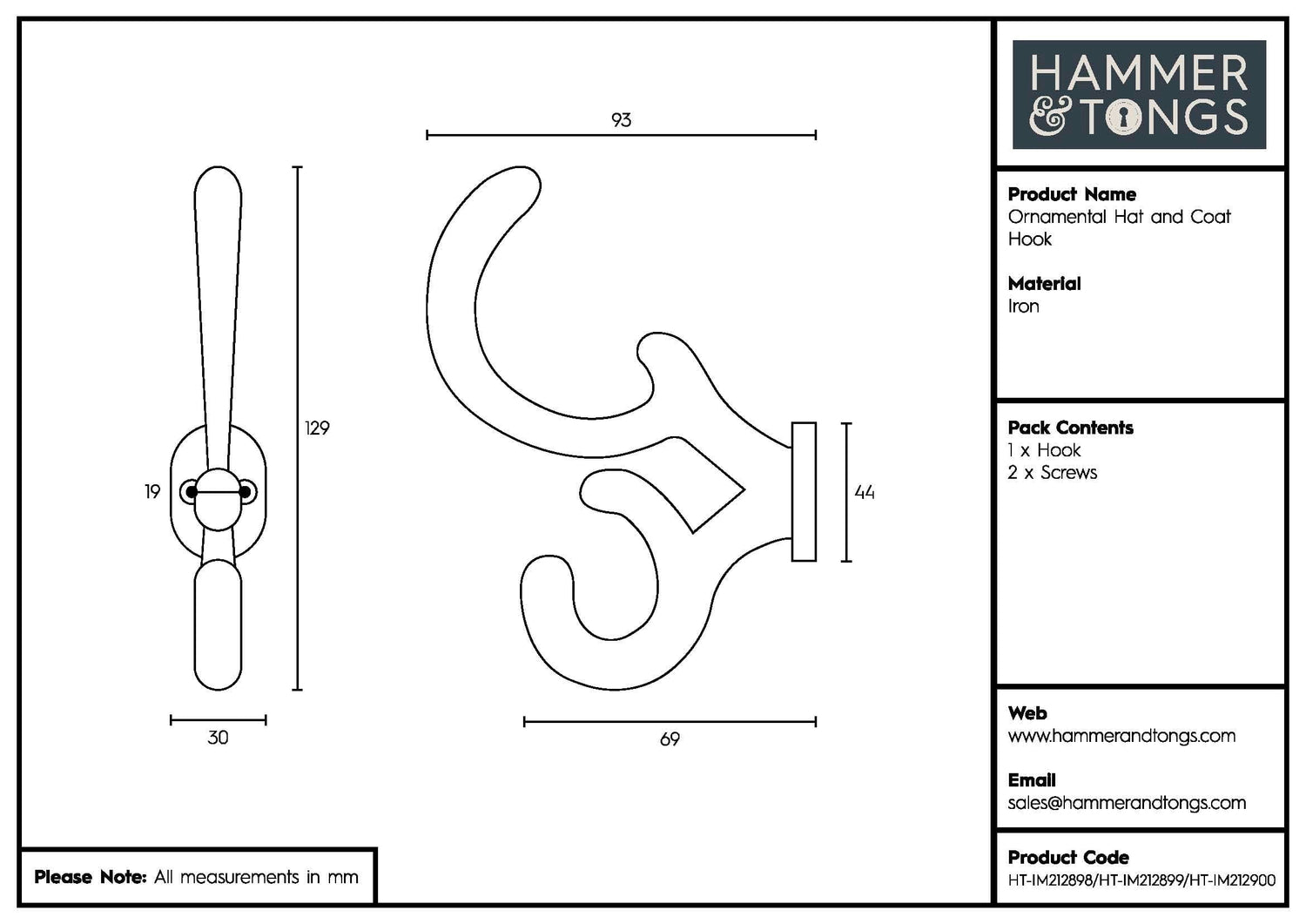 30mm x 130mm Raw Ornamental Hat &amp; Coat Hook
