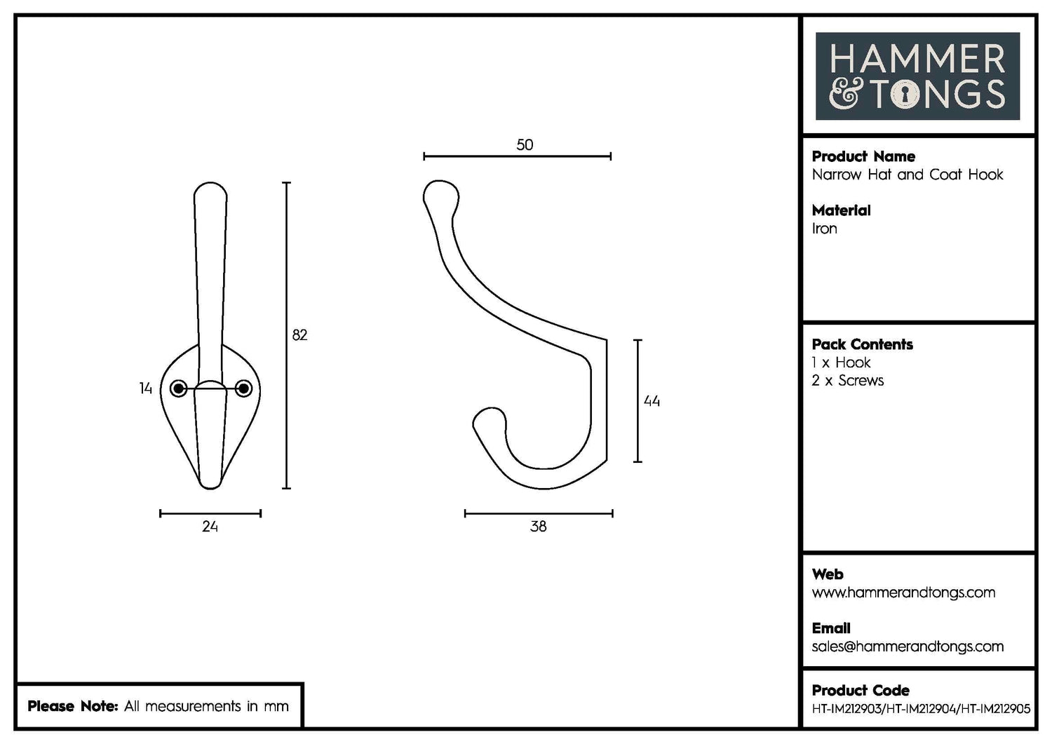 25mm x 80mm Raw Narrow Hat &amp; Coat Hook
