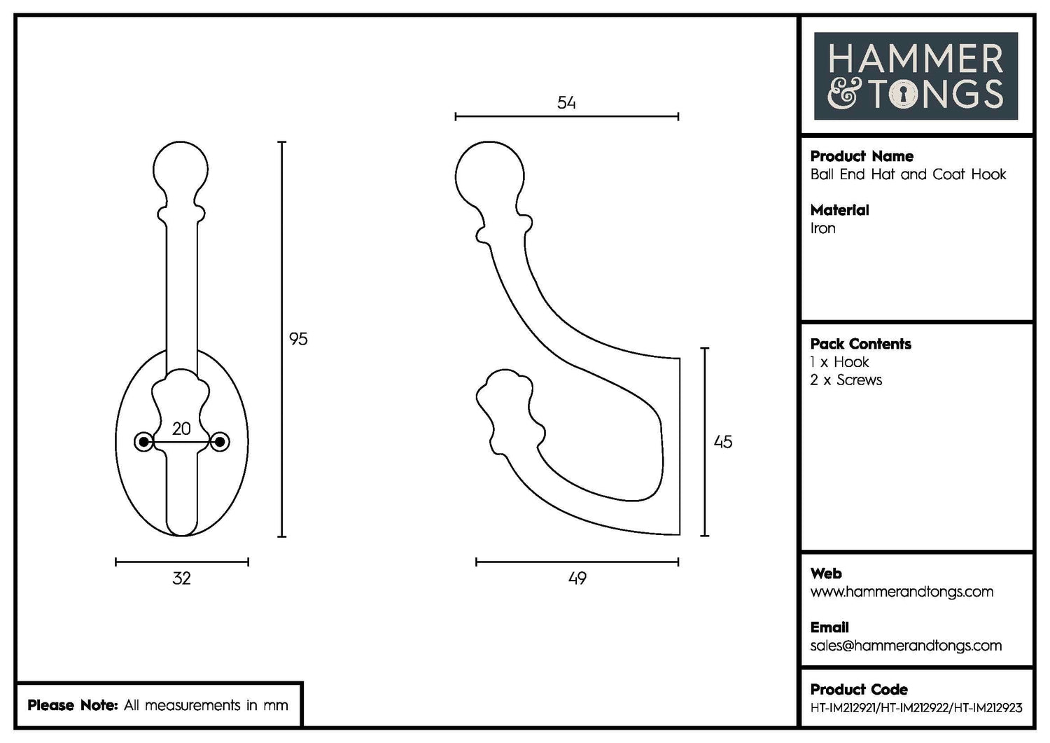 30mm x 95mm Brass Ball End Hat &amp; Coat Hook