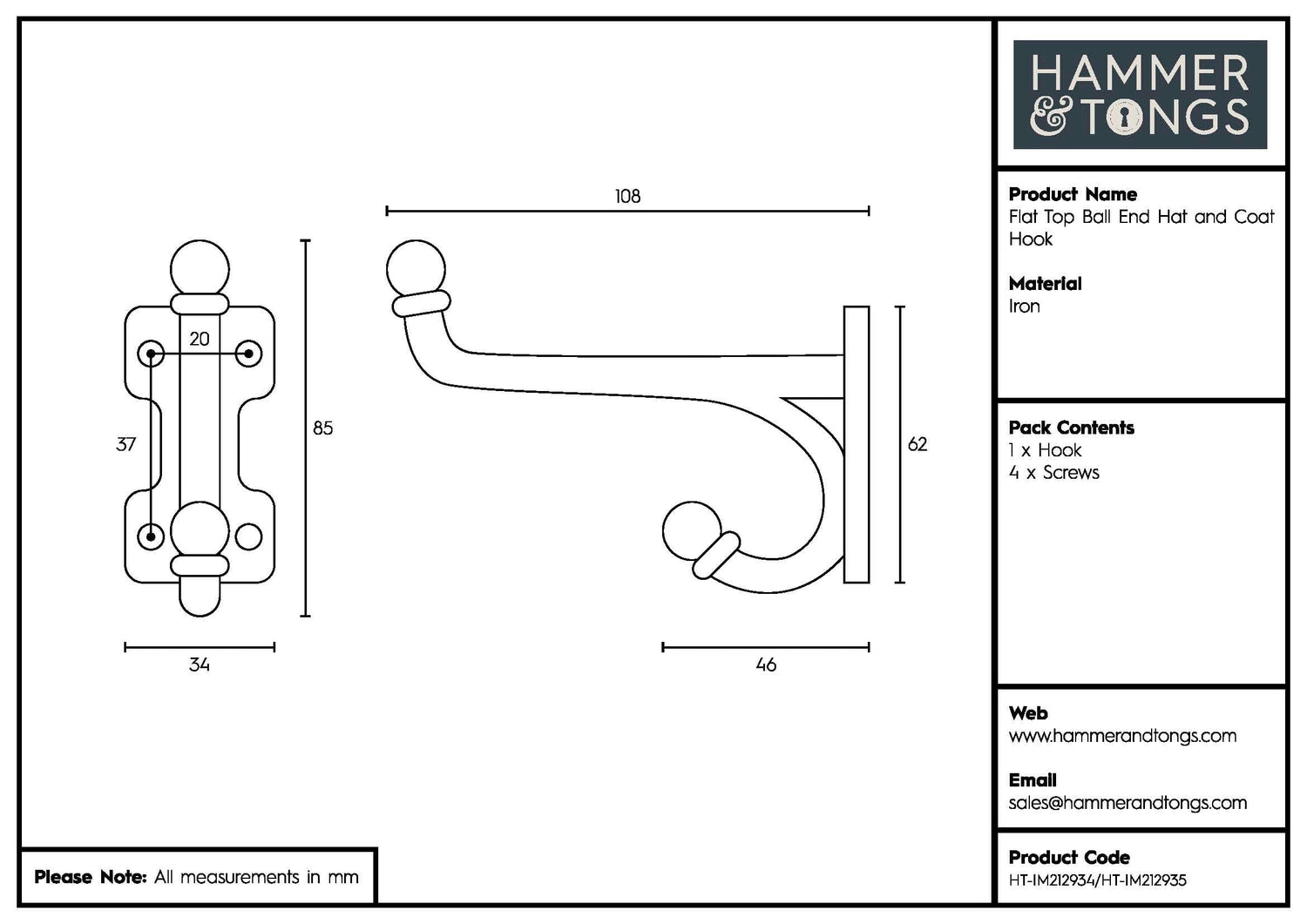 35mm x 85mm Flat Top Ball End Raw Hat &amp; Coat Hook