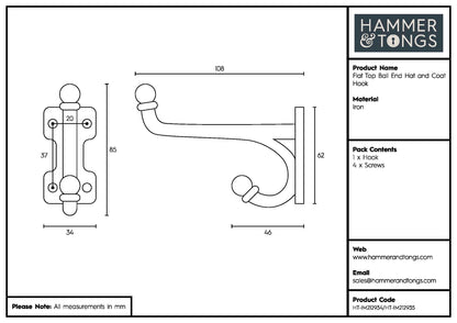 35mm x 85mm Flat Top Ball End Raw Hat &amp; Coat Hook