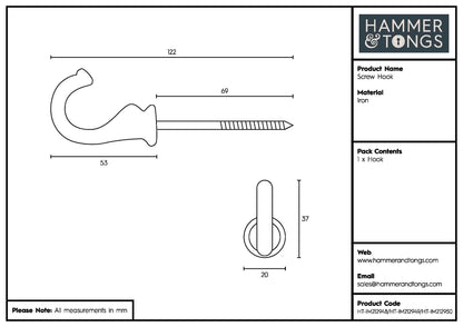 20mm x 35mm Brass Screw Hook