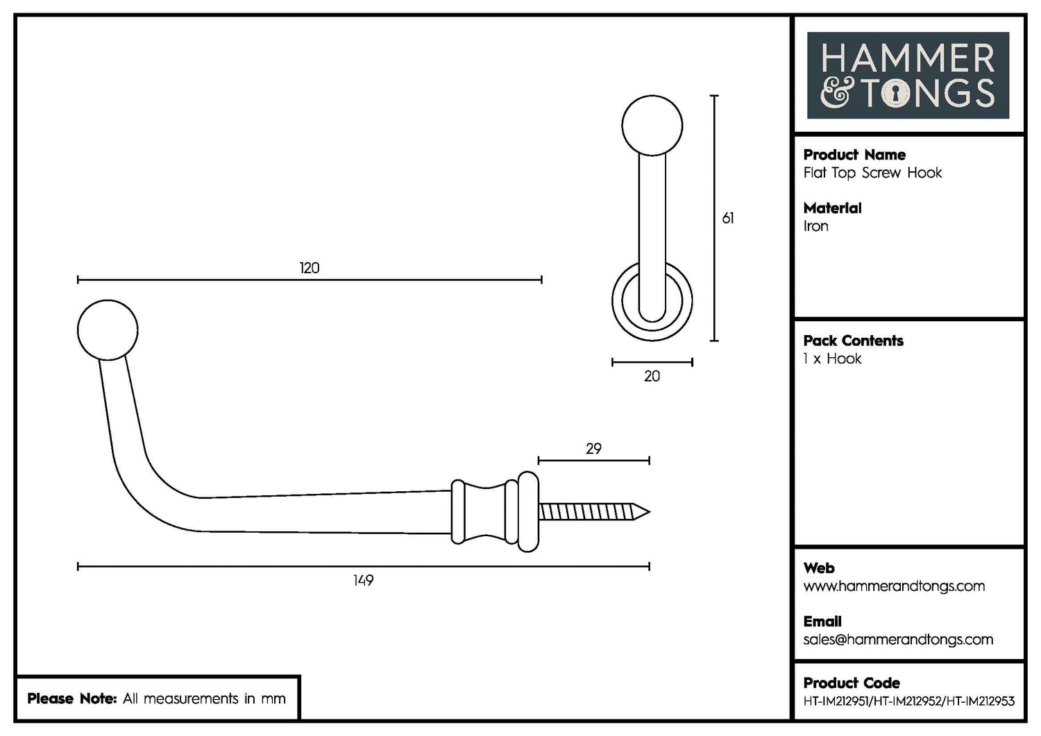 20mm x 60mm Black Flat Top Screw Hook