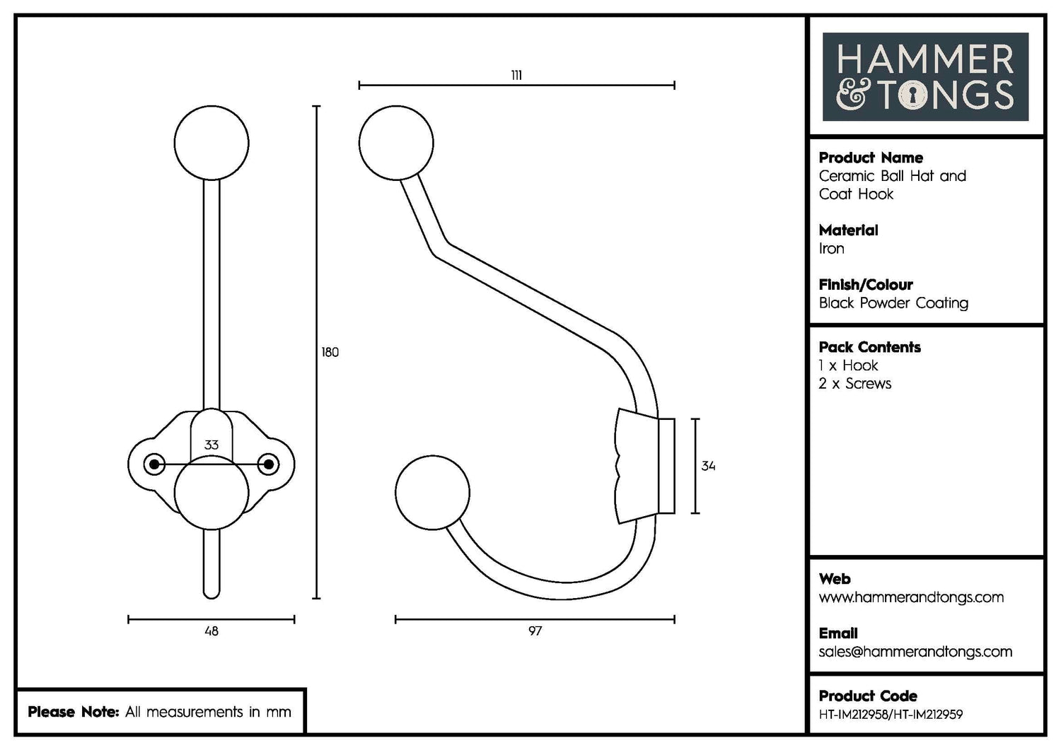 50mm x 180mm White Ceramic Ball Hat &amp; Coat Hook