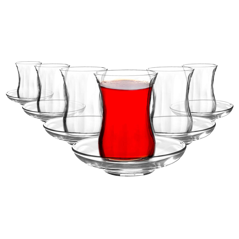 115ml Klasik Embossed Glass Turkish Tea Cups & Saucers - 6 Sets - By LAV