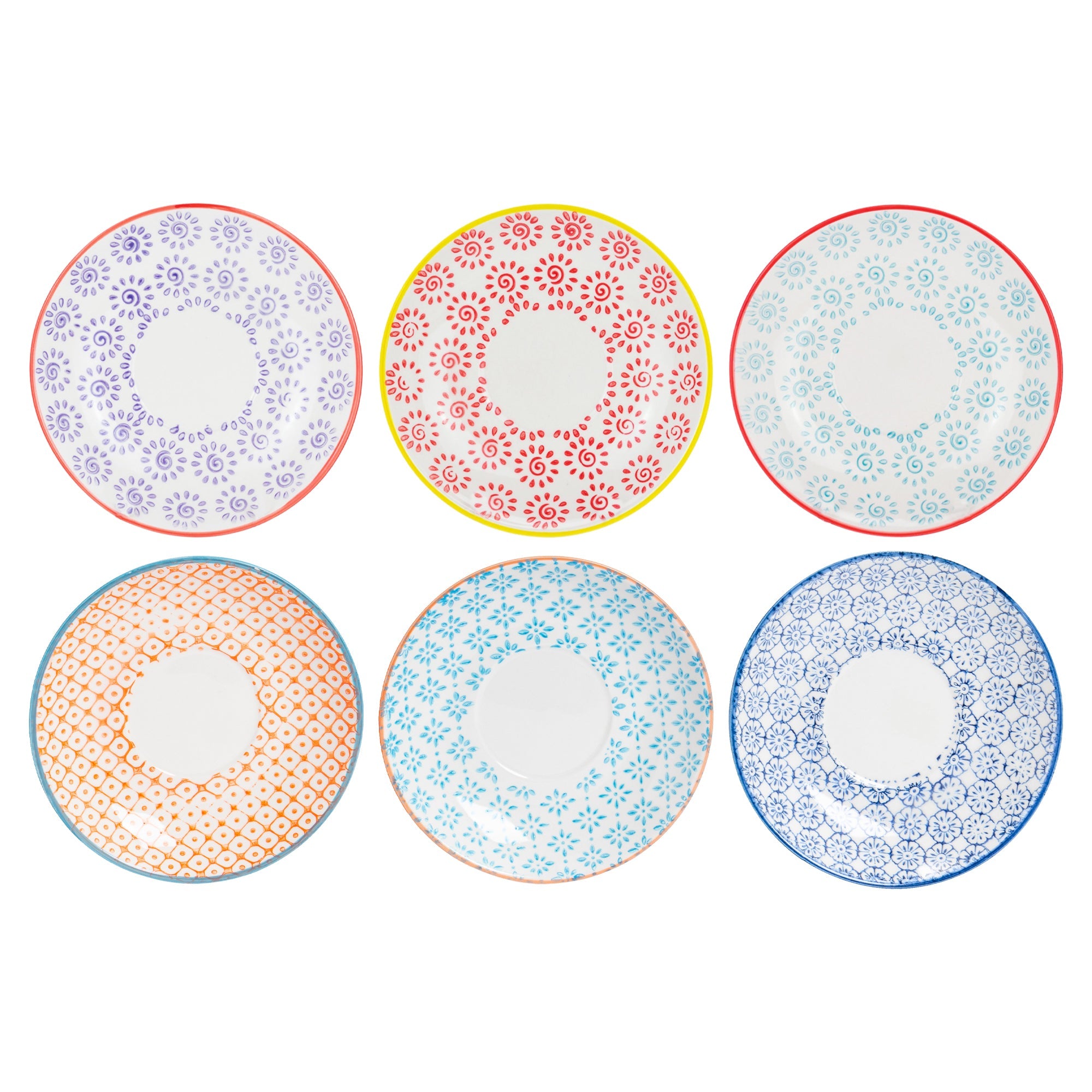 14.5cm Multicoloured Hand Printed Stoneware Cappuccino Saucers - Pack of Six
